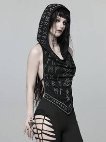 ROMWE Dark Gothic Rune Pattern All-Over Print Sexy Backless Lace-Up Halter Tank Top - Black - View 5