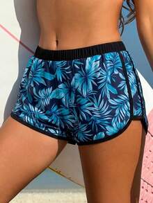Swim SPRTY Short de plage pour femme, décontracté et polyvalent, style mature et sportif, imprimé aléatoire intégral de plantes tropicales, fleurs d'hibiscus et silhouettes florales, coloris contrastés, pour les vacances - Multicolore - Voir 1
