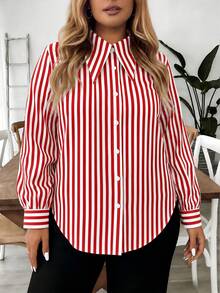EMERY ROSE Camisa de manga larga con cuello y rayas para mujer de talla grande - Rosa Fucsia - Ver 6