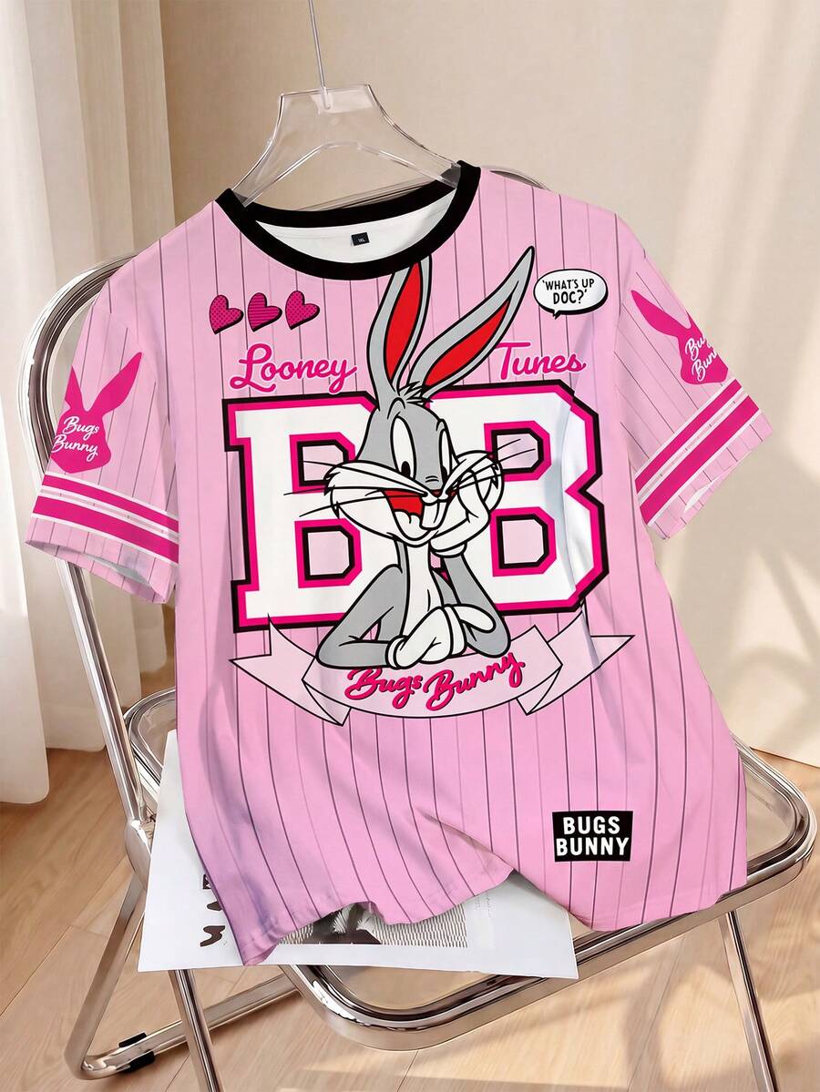 LOONEY TUNES X SHEIN 大码女式可爱时尚圆领短袖T恤 - 白色 - 查看 1