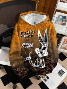 LOONEY TUNES X SHEIN هودي رجالي بطبعة جمجمة ذات تدرج لوني وحرف، ، الخريف - أبيض - مشاهدة 3