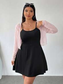 SHEIN EZwear 女款大尺碼針織開襟衫吊帶洋裝兩件套 素色 畢業款 黑色 可愛亮粉色 - 彩色 - 查看 4