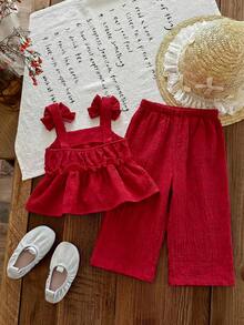 Emery Rose Kids Emery Rose Kids 少女編織素色吊帶上衣與長褲兩件組 - 紅色 - 查看 2