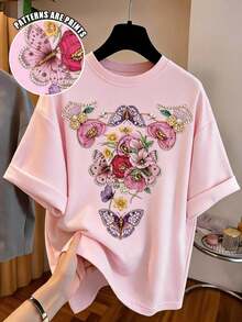Teen Girls' Minimalist T-Shirt, Versatile Floral Pattern Suitable For Summer - Multicolor - View 1