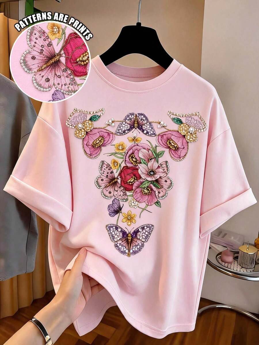 Teen Girls' Minimalist T-Shirt, Versatile Floral Pattern Suitable For Summer - Multicolor - View 1