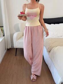 Dream Adore Women's Knitted Pink Heart Print Camisole & Plaid Long Pants Pajama Set - Multicolor - View 1