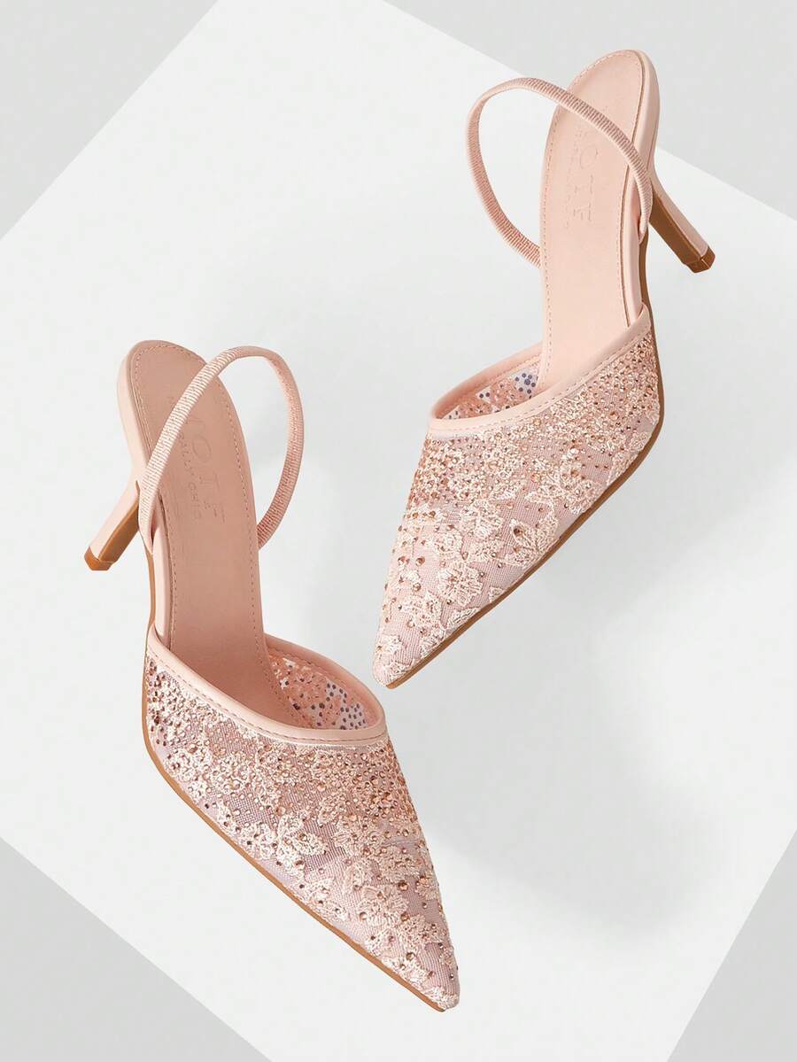 MOTF NEW PINK POINTED THIN HEEL DIAMOND MESH LACE FASHIONABLE AND ELEGANT WOMEN'S HIGH-HEELED SHOES - Pink - View 1