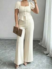 SHEIN Clasi Spring Summer Autumn Elegant Commuter Square Neck Wavy Short Sleeve Long Pants Apricot Plus Size 2 Pieces Set - Apricot - View 5