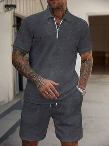 EGENSIO Men's Knitted Jacquard Solid Color Textured Collar & Cuff Ribbed Zipper Polo Set - Dark Grey - View 4