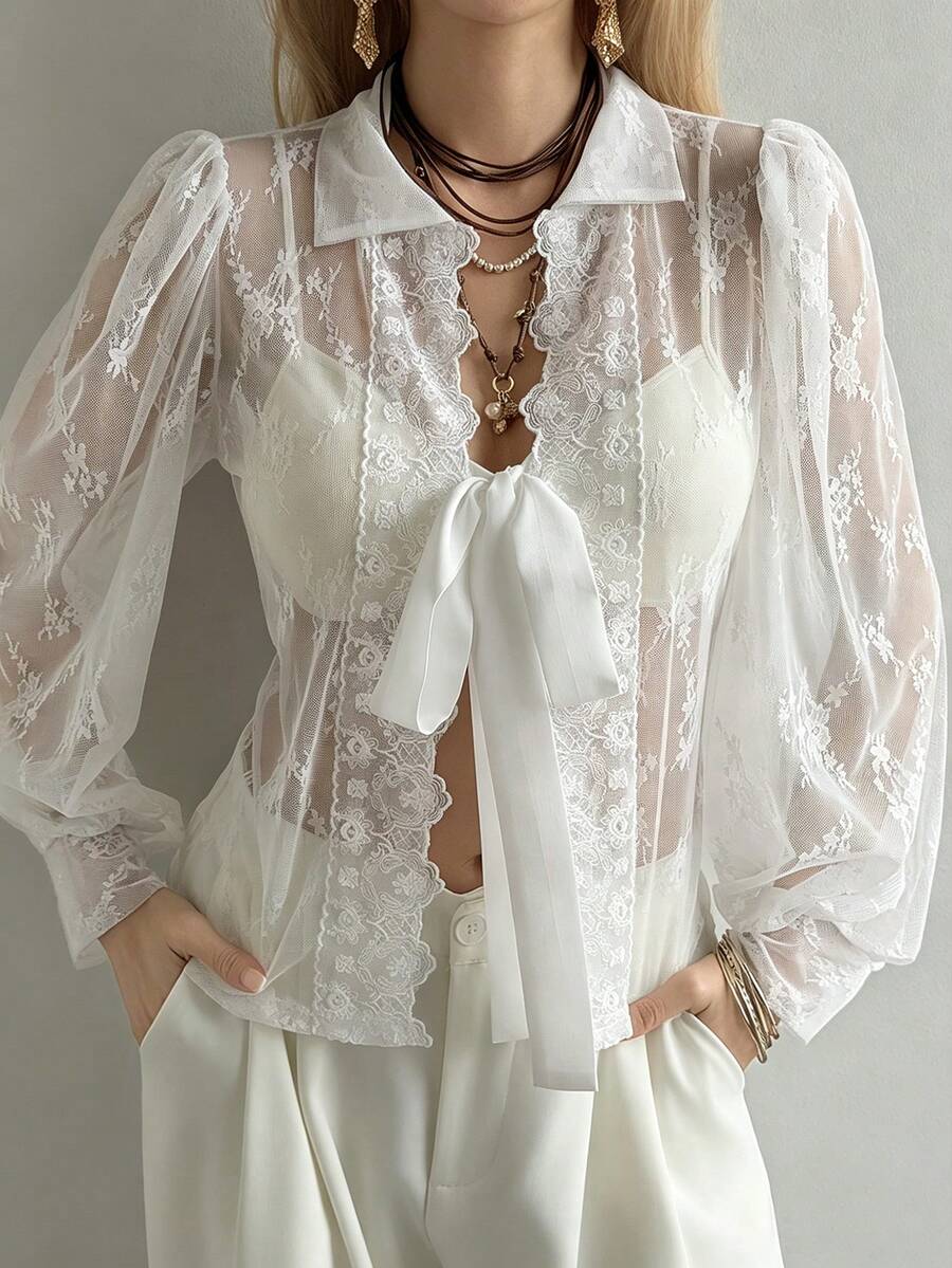 Livesso 女款優雅透視白色蕾絲襯衫，波浪領，花卉植物圖案，適合夏季與秋季，婚禮、休閒與度假穿著 - 白色 - 查看 1
