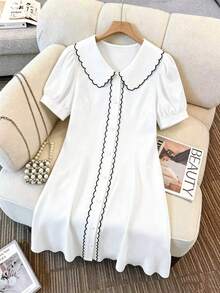 GlowEve CURVE Plus Size Women's Color Block Puff Sleeve Peter Pan Collar Scalloped Edge Casual Frenchy Elegant Dress Teachers' Day Dinner Party White Summer - Multicolor - View 1