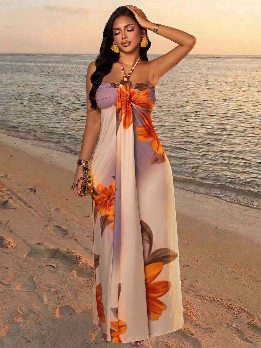 SOLERSUN Robe longue décontractée et sexy pour femmes avec encolure ras-du-cou sans manches et dos nu - avec des accents perlés, un dégradé ombré et un grand imprimé floral. Une robe à l'esprit estival élégant, parfaite pour les vacances, la fête des mères, les fêtes de plage et les tenues de villégiature chic. - Nude - Voir 1