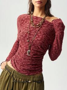 Bohemela Casual Boho Solid Color Knit Short Sleeve Women's Top Everyday Burgundy Autumn - Burgundy - View 1