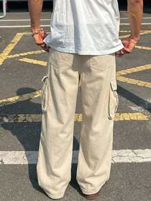 DAZY Pantalones largos de mezclilla casuales holgados con botones, cordón y bolsillos para hombre en primavera - Albaricoque - Ver 2