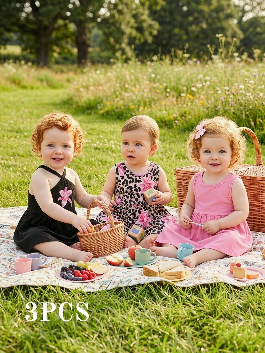 SHEIN Playful Pals 3件組女嬰時尚多巴胺色無袖洋裝套裝,夏季戶外穿著 - 彩色 - 查看 1