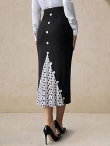 Elegantrix Women's Plus Size Elegant French Style Bodycon Mermaid Skirt With Elastic Waist, Color Block Polka Dot Pleated Skirt Fall - Black - View 5