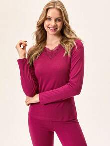 SHEIN Cottnline 2pcs Cotton V Neck Lace Detail Homewear Set - Hot Pink - View 4