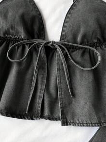 Comfortcana 女款前綁帶吊帶上衣與牛仔褲休閒套裝，兩件套女裝套裝 - 黑色 - 查看 6