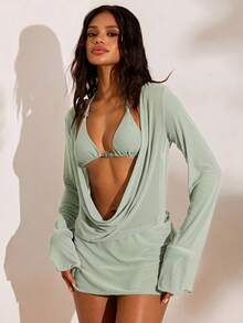 Opulessa Conjunto de traje de baño de 3 piezas con cuentas de color aleatorio para mujer - verde menta - Ver 4