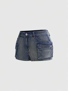ROMWE Grunge Punk Summer Outfits For Women Wasteland Punk Street Style Distressed Washed Low Waist Mini Denim Shorts - Baby Blue - View 3