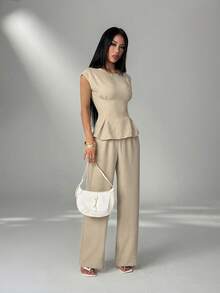 SHEIN PETITE 女款純色百褶荷葉邊圓領上衣與長褲通勤兩件套 - 卡其色 - 查看 7