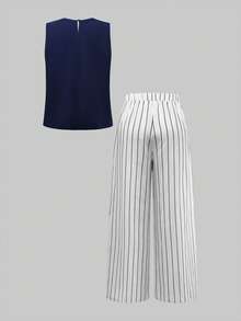 SHEIN Lacomfia Plus Size Women's Summer Set Navy Blue Round Neck Sleeveless Top + Vertical Striped Wide Leg Pants Casual Versatile Slimming 2-Piece Set - Blue - View 2