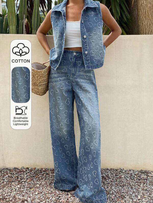 Livesso Setelan Denim Streetwear Kasual Wanita dengan Atasan Kerah Hati Bertekstur dan Celana Panjang untuk Musim Panas Sehari-hari, Warna Biru dan Putih