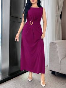 Feyla Waist Pleated Metal Buckle Waist-Defining Elegant Elegant Party Commute Versatile Dress - Red Violet - View 4