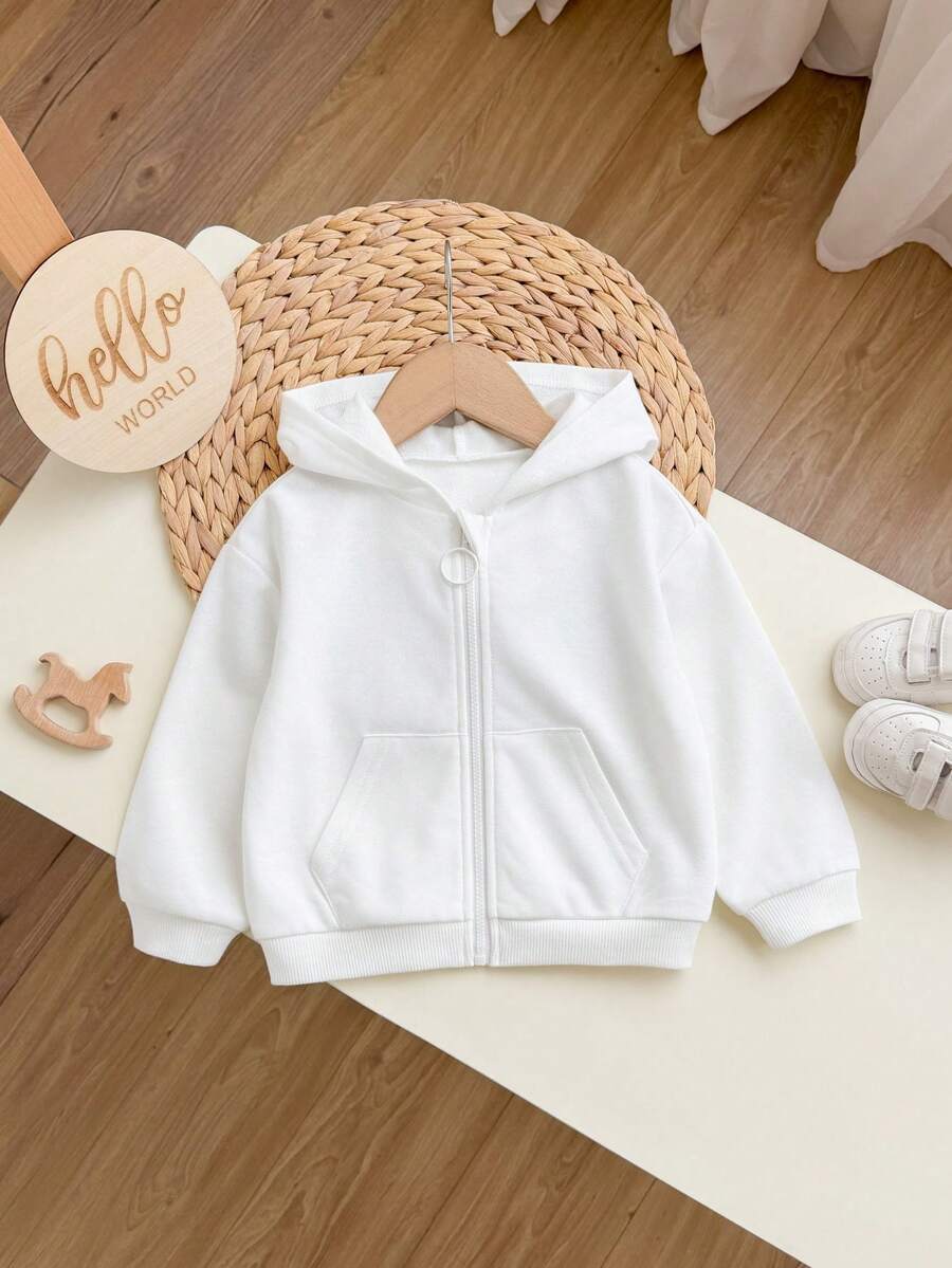 Baby Girl Zipper Front Solid Color Long Sleeve Pocket Hooded Sweatshirt - White - View 1