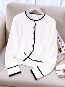 GlowEve CURVE Plus Size Women's French Contrast Trim Elegant Business Casual Slimming Long Sleeve Knit Cardigan Office Confirmation Formal Black And White Autumn - Black and White - View 1