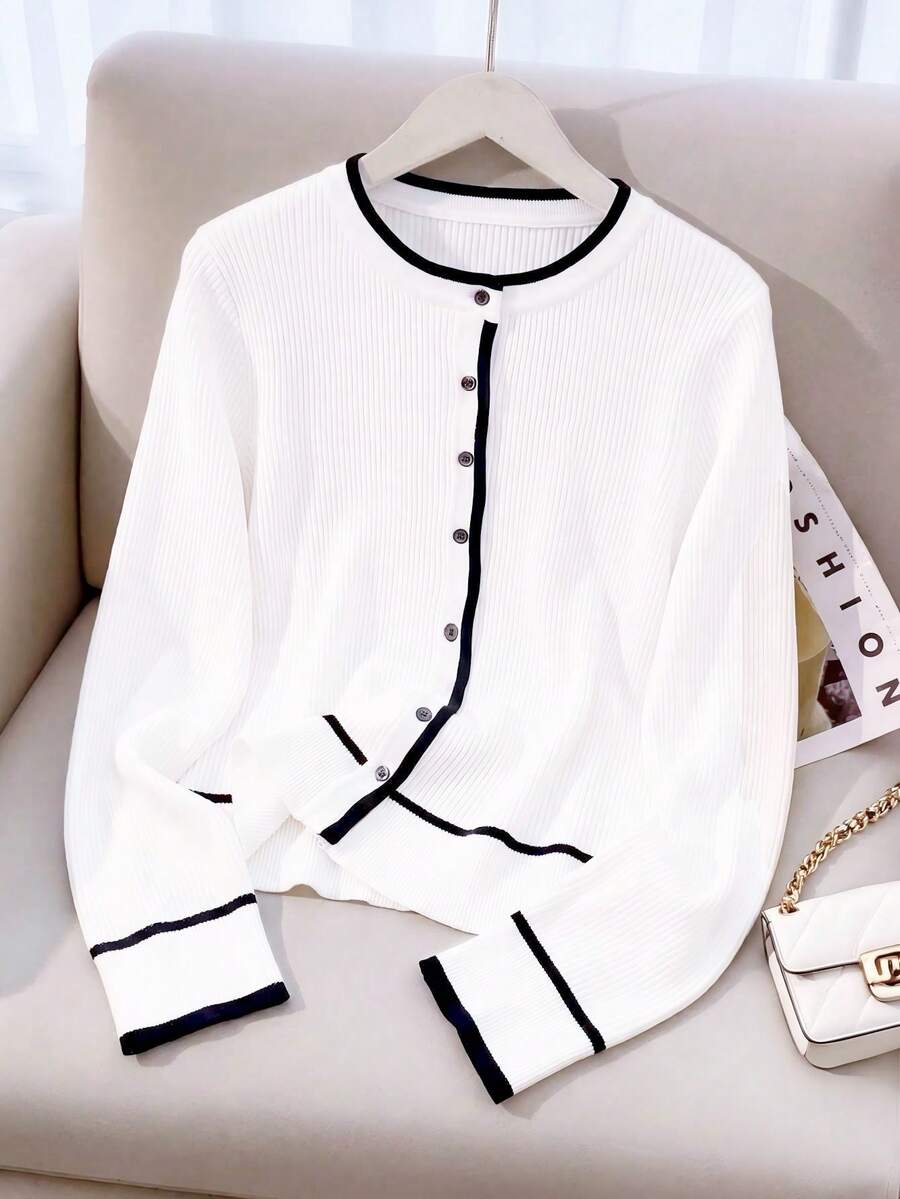 GlowEve CURVE Plus Size Women's French Contrast Trim Elegant Business Casual Slimming Long Sleeve Knit Cardigan Office Confirmation Formal Black And White Autumn - Black and White - View 1