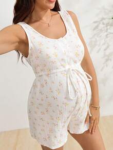 SHEIN Nursing Romper With Wide Strap, Front Half-Opening With Front Buttons, Waist Drawstring Bow Tie, Straight Leg, All Cotton Printed Nursing - Apricot - View 5