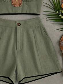 SHEIN Franclia 夏季新款V領細肩帶上衣與短褲女款兩件套 - 軍綠色 - 查看 7