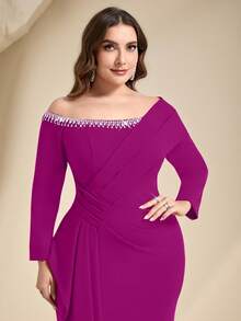 Coutiva Plus Size Women's Off-Shoulder Formal Evening Gown (Heavily Embellished) - Hot Pink - View 5