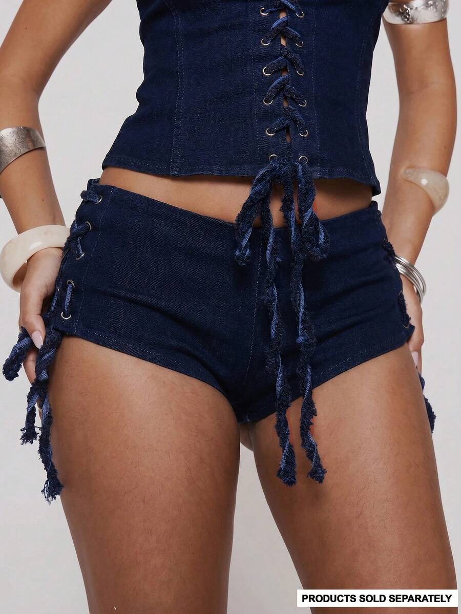 MUSERA 低腰前開拉鍊側綁帶貼身微短褲 熱褲 春夏節慶性感 Ibiza 度假 Y2K 牛女解構牛仔風 - 藏蓝色 - 查看 1