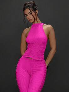 MUSERA Women's Solid Color Pleated Collar Backless Sexy Sleeveless Top - Hot Pink - View 5