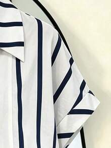 SHEIN Women's Elegant Casual Blue And White Stripe Lapel Collar Rolled Short Sleeve Loose Button Down Blouse, Summer Tops, Party Brunch Top, Beach, Office - White - View 9