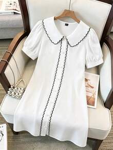 GlowEve CURVE Plus Size Women's Color Block Puff Sleeve Peter Pan Collar Scalloped Edge Casual Frenchy Elegant Dress Teachers' Day Dinner Party White Summer - Multicolor - View 3