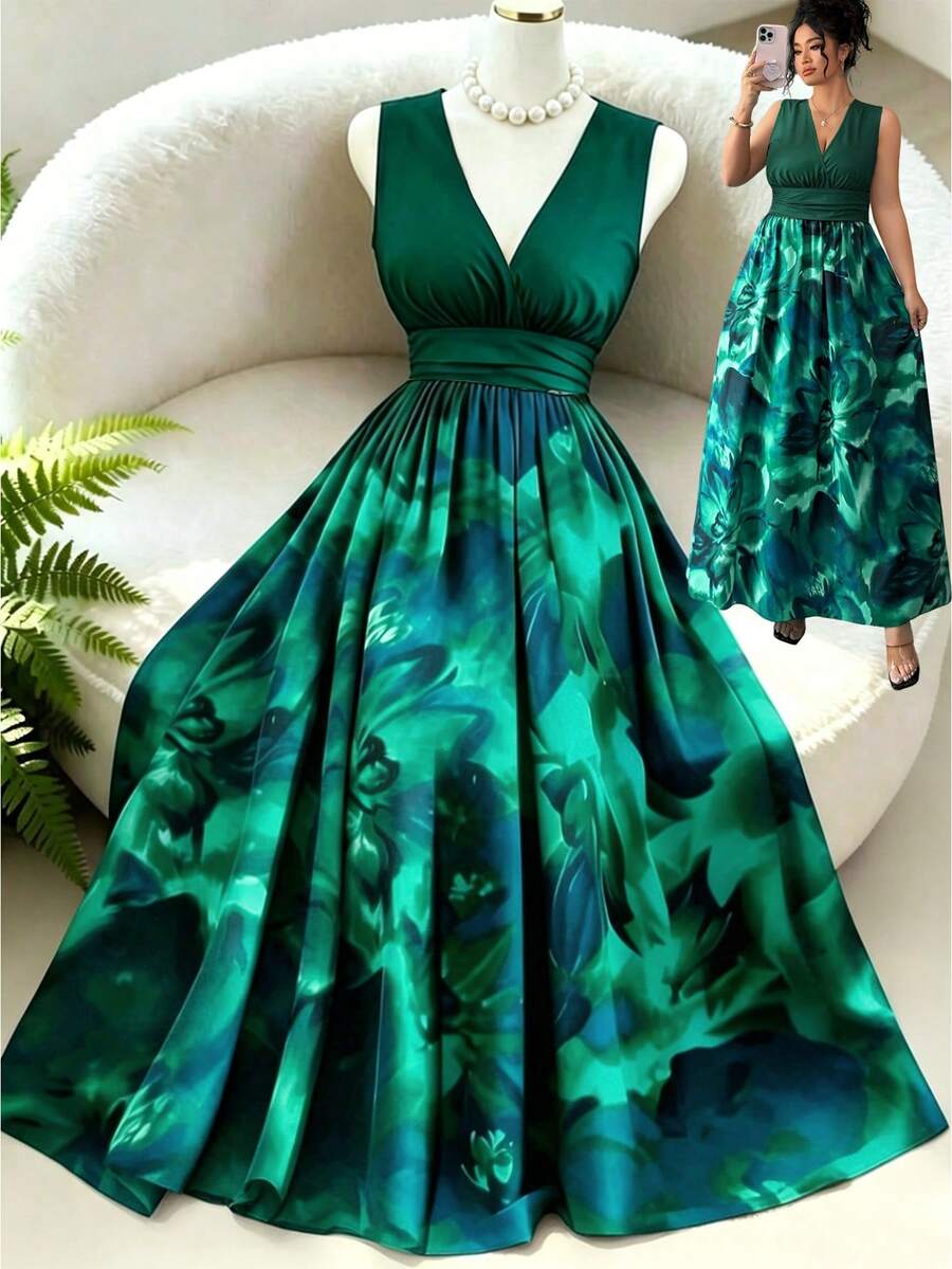 SHEIN LUNE Robe d'été décontractée de vacances, style rétro français élégant, col V, imprimé floral vert, patchwork - Vert - Voir 1