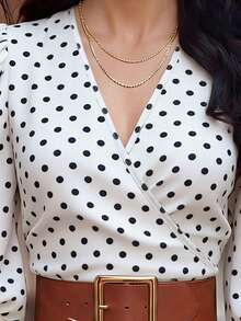 EMERY ROSE Spring/Summer New V-Neck Polka Dot Petal Sleeve Cinched Waist Short Women Blouse - Multicolor - View 4