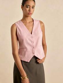Airaco Chaqueta de moda tipo chaleco sin mangas con cuello en V y botones delanteros de unicolor para mujer - Rosa - Ver 4