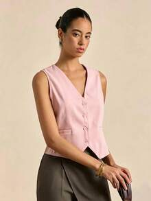 Airaco Chaqueta de moda tipo chaleco sin mangas con cuello en V y botones delanteros de unicolor para mujer - Rosa - Ver 5