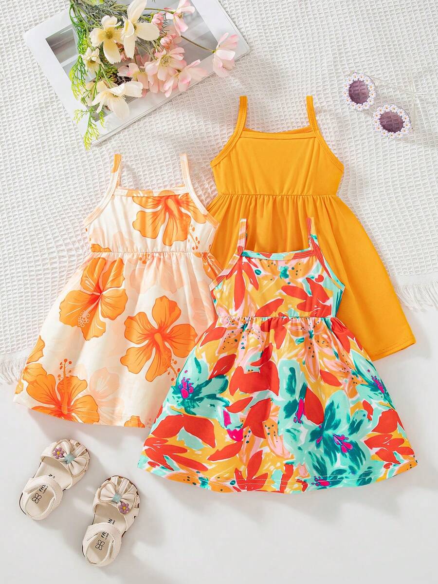 SHEIN Playful Pals 3件/套 嬰兒女童 2025夏季新款無袖吊帶洋裝,滿版花卉印花 & 素色洋裝,田園風,多巴胺配色,時尚可愛 - 橘色 - 查看 1