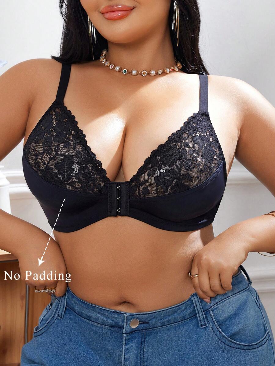 DesireSculpt 1pc Plus Size Women's Front Closure Lace Patchwork Bra - Black - View 1