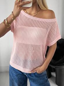 SHEIN EZwear 女士休闲沙滩度假纯色不对称领蝙蝠袖短袖透视开襟针织上衣 - 淺粉色 - 查看 3