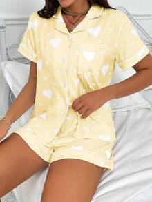 SHEIN Heart Print Lapel Open Front Short Sleeve Shorts Ribbed Pajama Set - Yellow - View 5