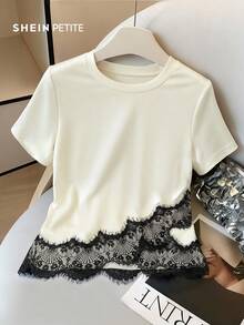 SHEIN PETITE Women's Round Neck Short Sleeve Lace Patchwork T-Shirt - Apricot - View 1