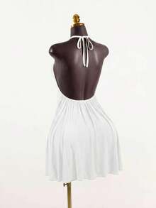 SaltGleam SaltGleam Women's Backless Halter Neck Solid Color Pleated Elegant Mini Dress - White - View 4