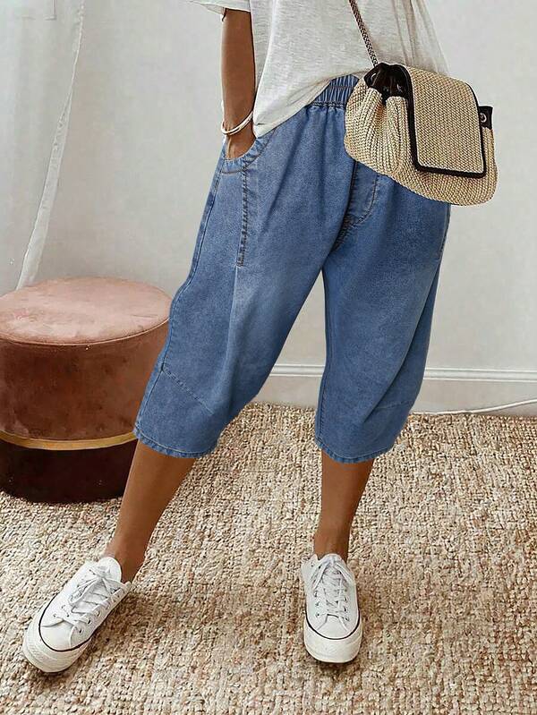 EMERY ROSE EMERY ROSE Women's Elastic Waist Pocket Casual Versatile Daily Wear Cropped Denim Jeans Jeans For Women Pants For Women Denim Dress Capris For Women Bottoms