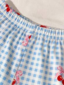 Sommer Herbst Mädchen Kleinkind Pyjama Set, weiches bequemes flammhemmendes Milchseidenstoff, modisches süßes Schleife Kirsch KaroMuster, blaue Revers Strickjacke Kurzarm lange Hose 2 Teile Loungewear - Blau - Übersicht 5